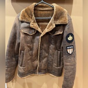 Vintage Men Brown Faux Shearling Aviator Style Jacket with Patches size Medium